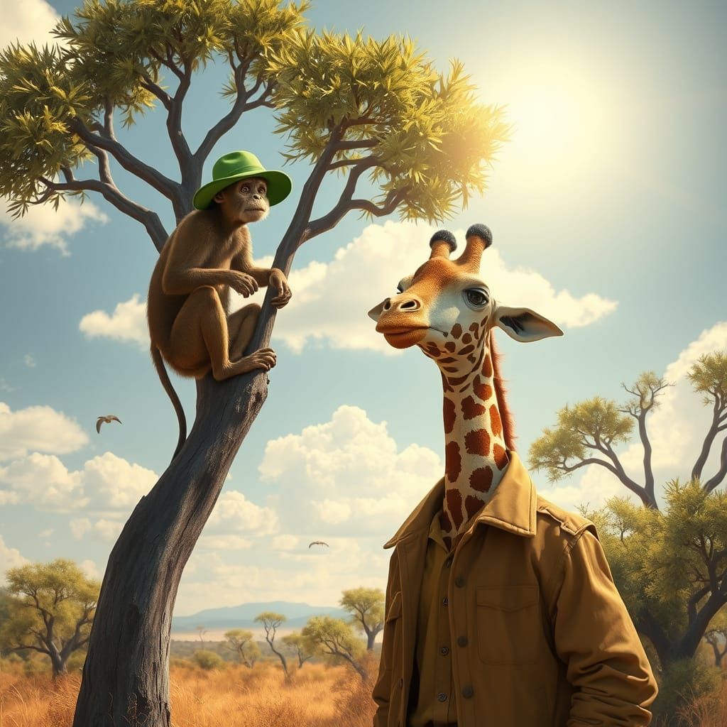 Giraffe and Monkey in Safari Landscape