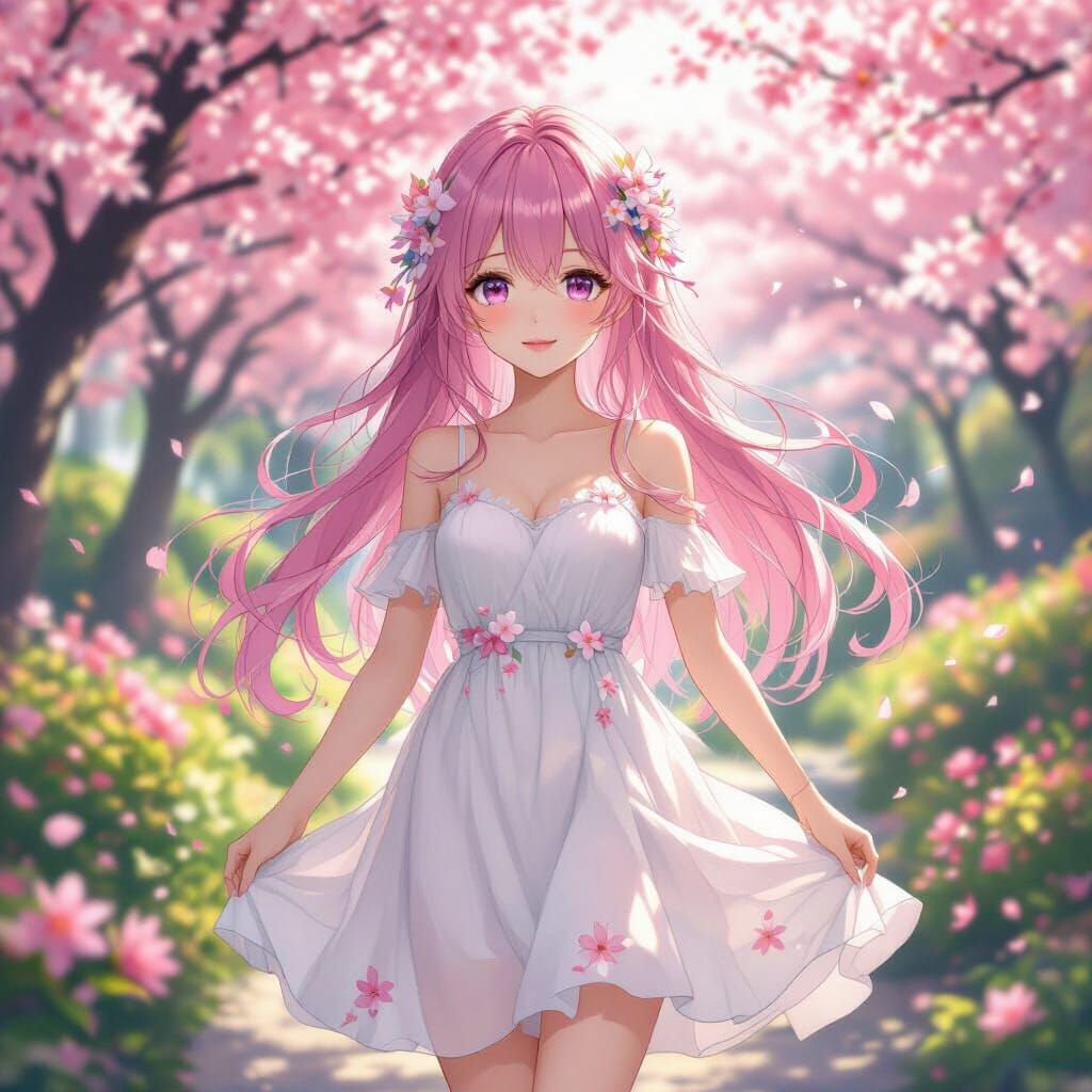 Anime Girl in Cherry Blossom Garden