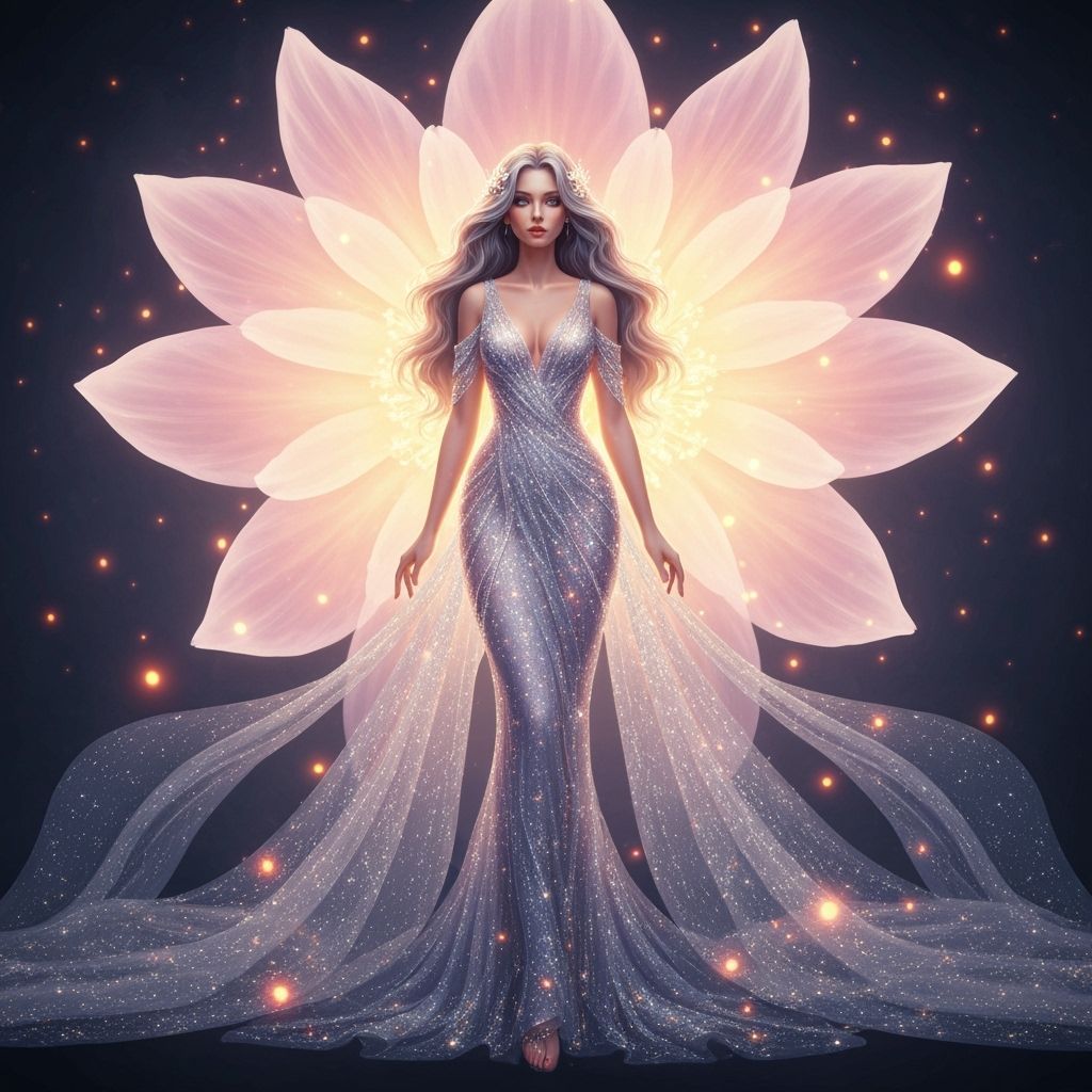 Ethereal Goddess in Stardust Gown with Luminous Petals