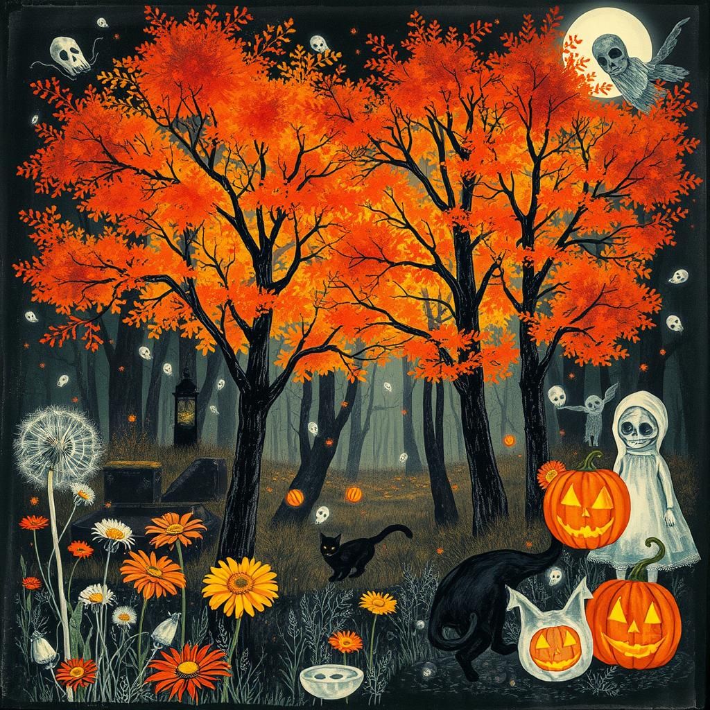 Surreal Autumn Landscape with Halloween Elements