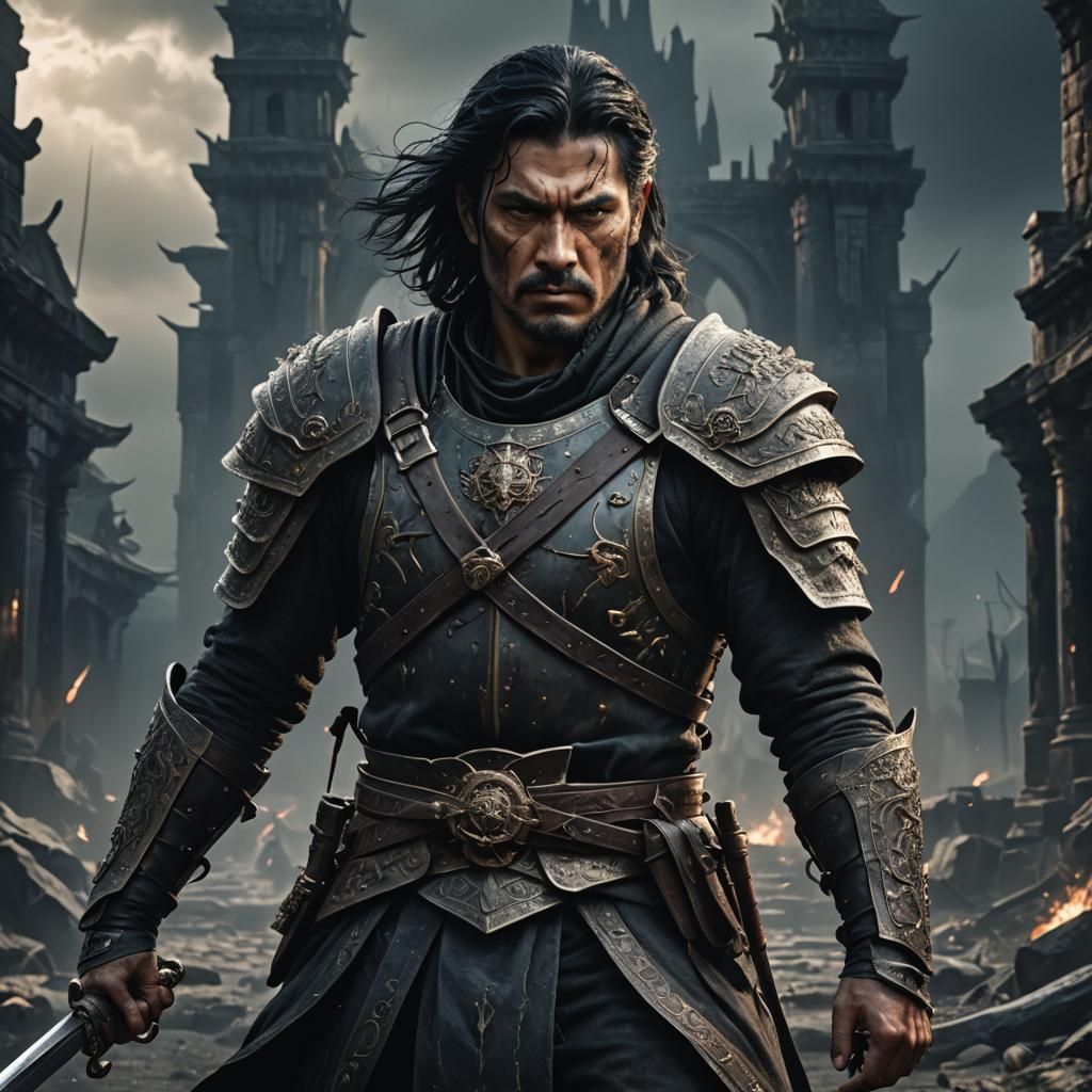 Epic Warrior with Sword in Dark Atmosphere