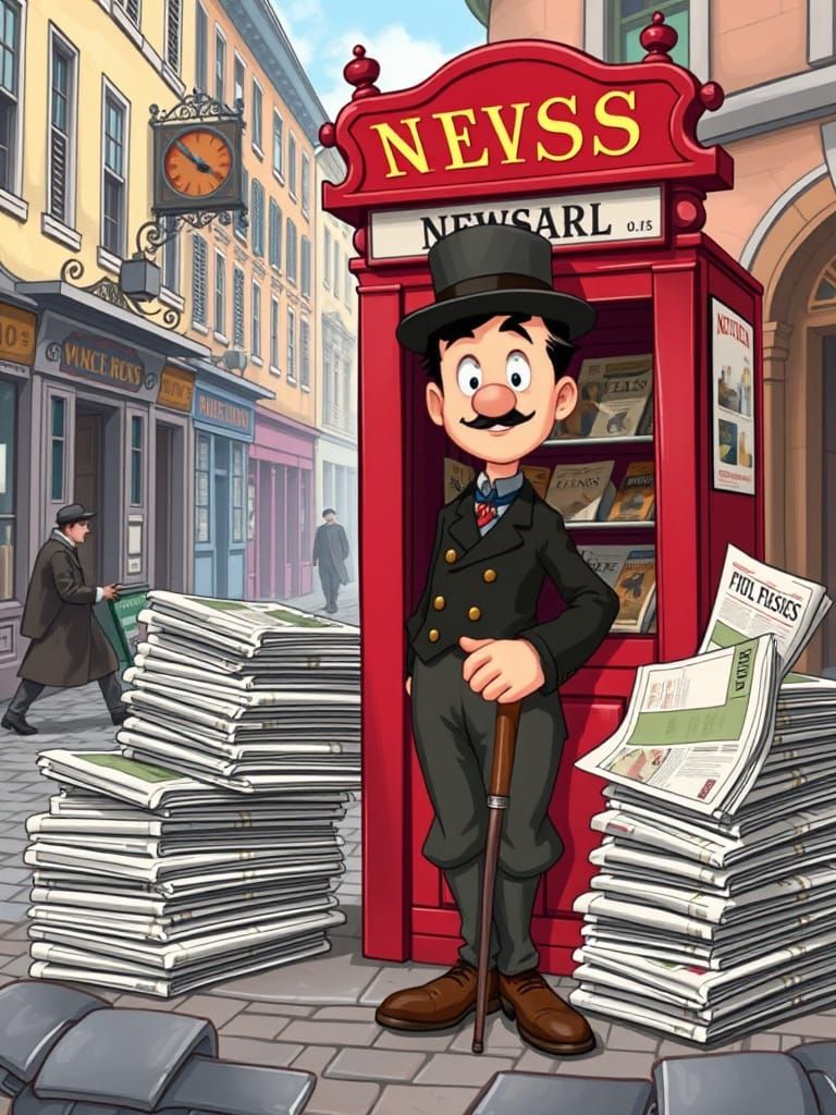 Cartoon Charlie Chaplin Beside Newsstand
