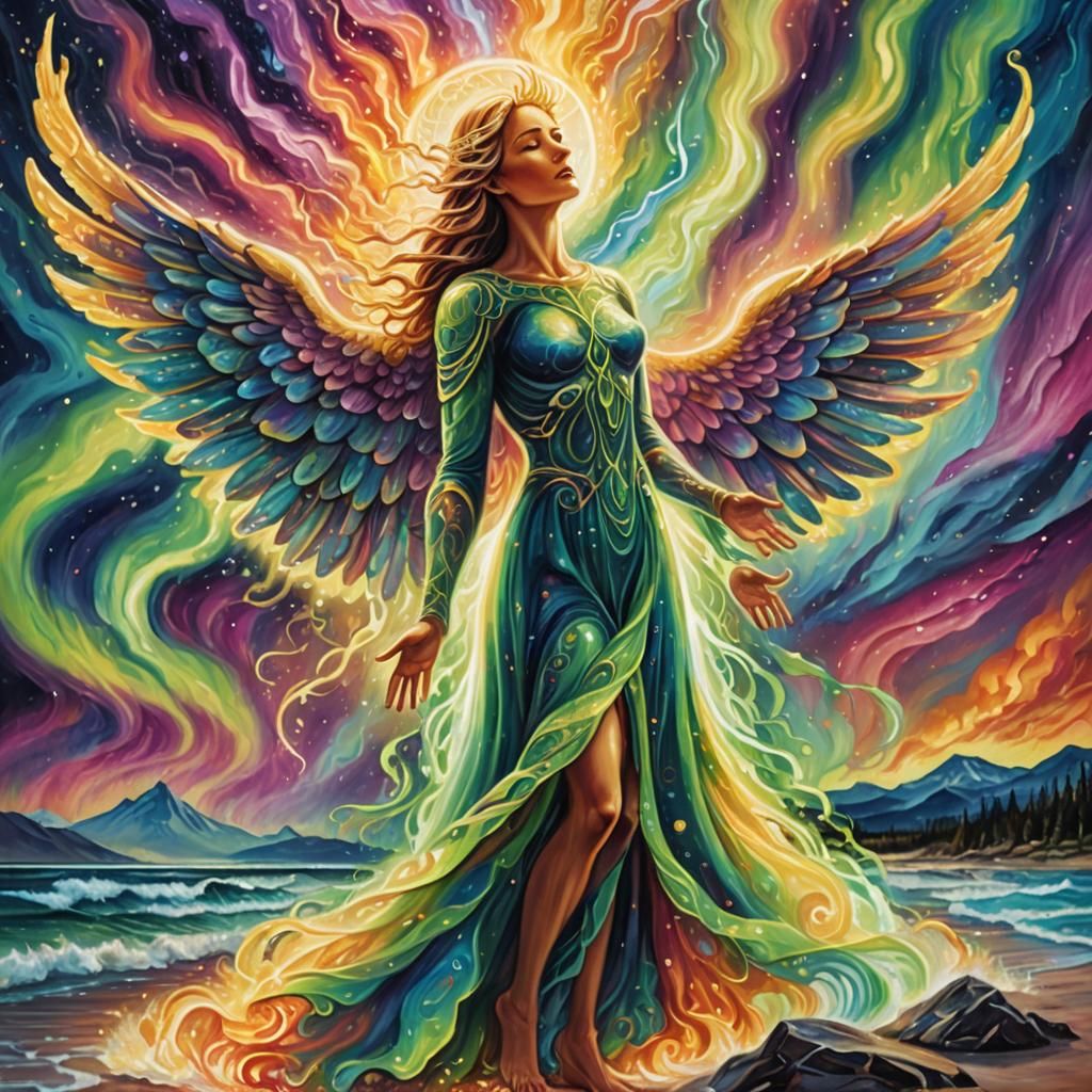 Archangel Haniel Healing Under Northern Lights, Surreal Oil ...