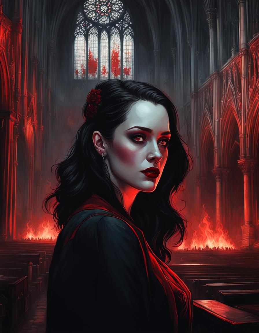 Vampire Portrait in Cathedral, Gothic Art Style