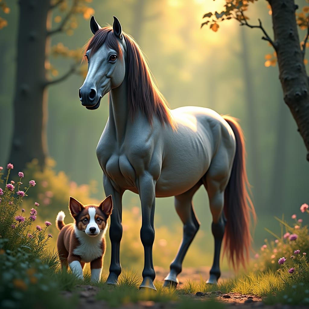 Dapple Grey Horse and Border Collie Puppy