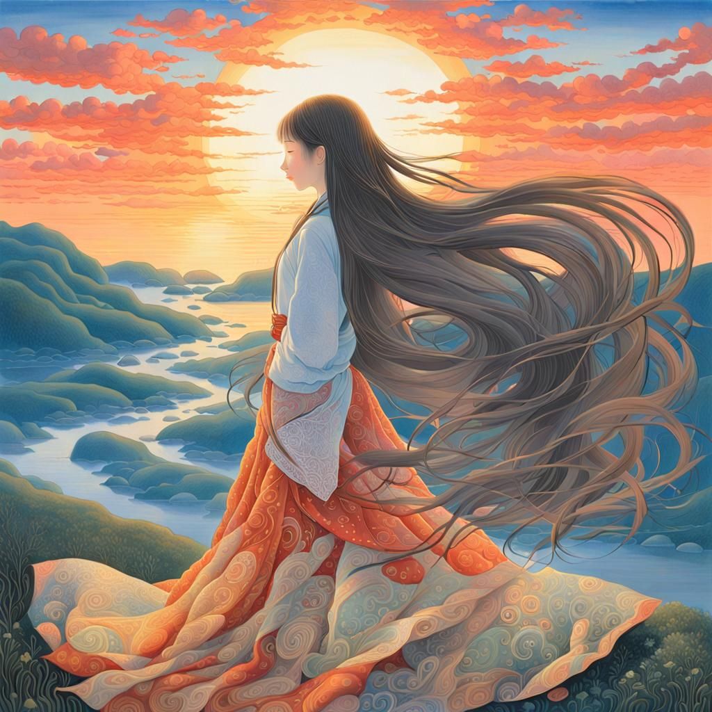 Woman in Sunset Silhouette: A Fairytale Digital Painting