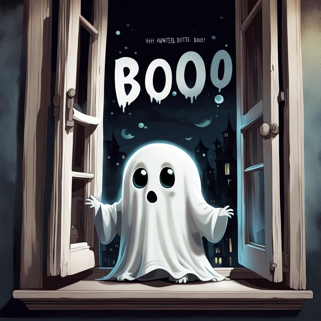 Cute Ghost Peeking Out of Haunted House Window