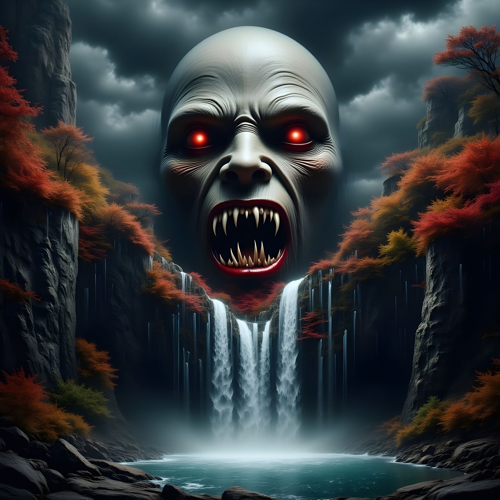 Monstrous Face Merging with Eerie Nature Scene