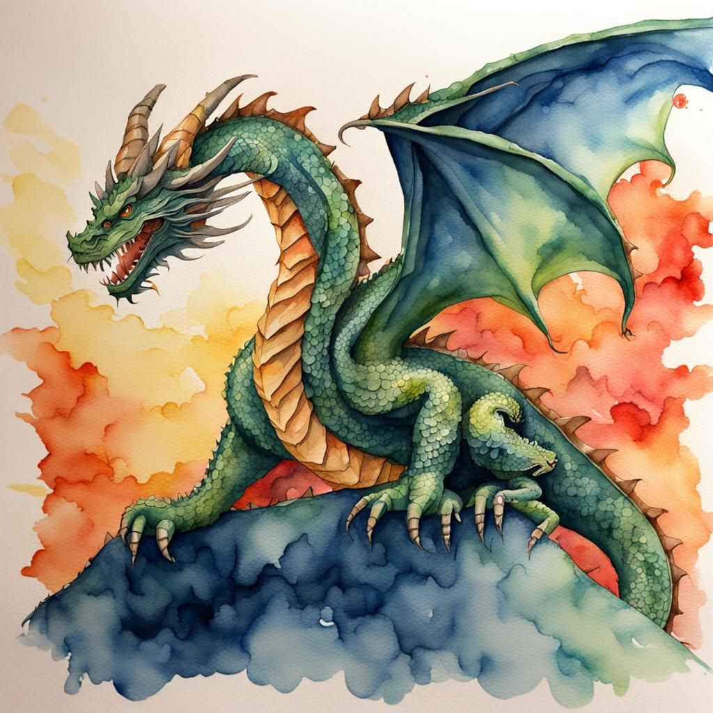 Watercolor Dragon Awakening Illustration