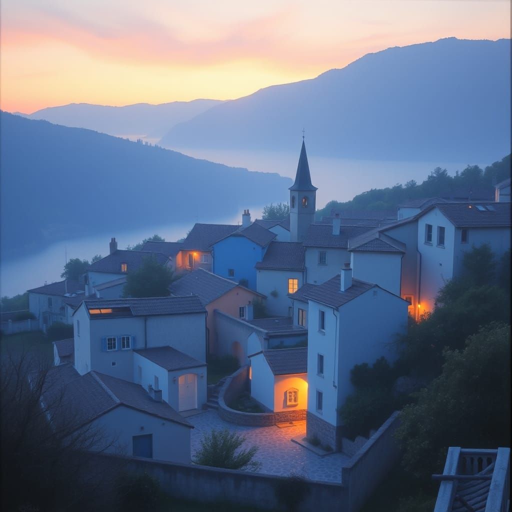 Twilight Bathed Village in Soft Blue Light