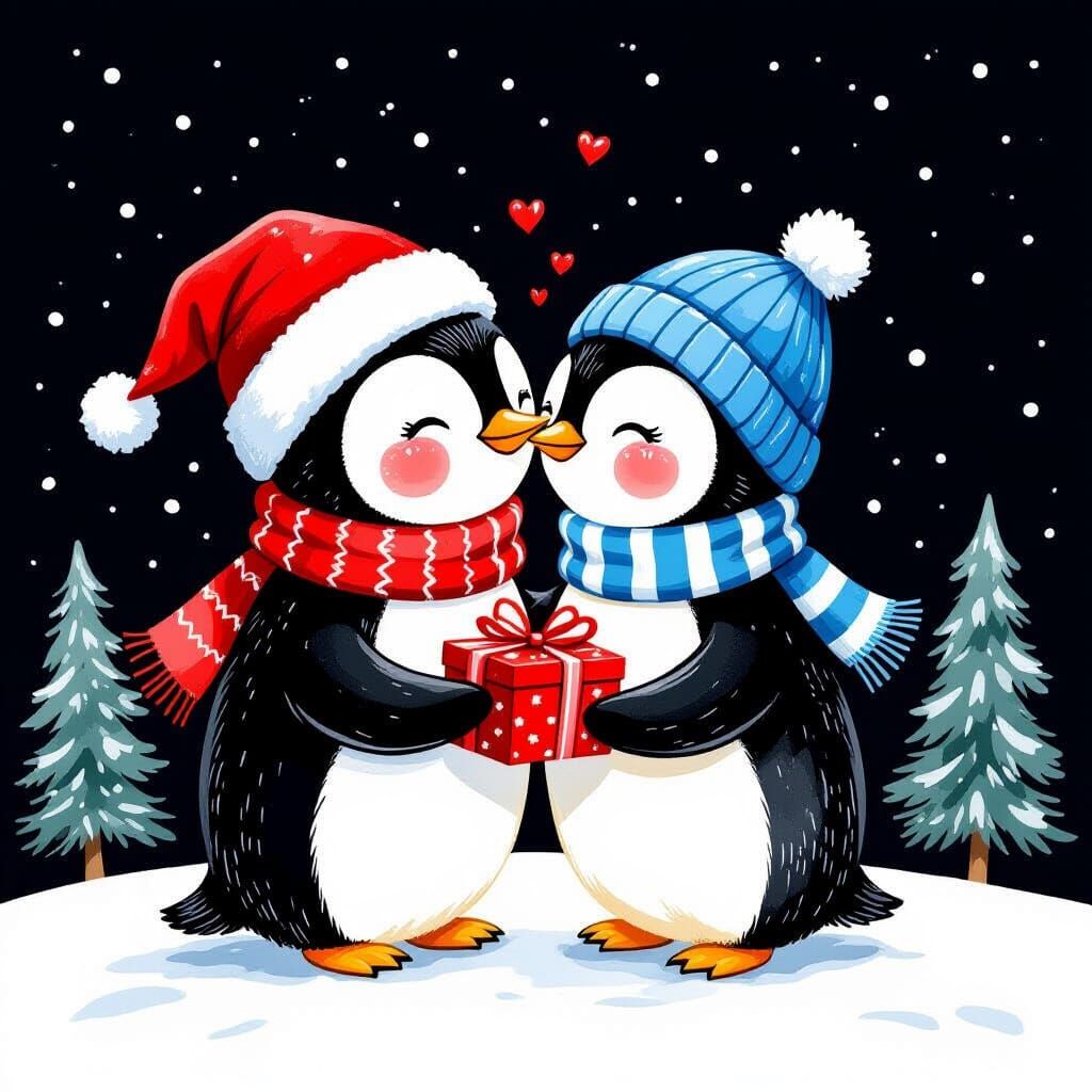 Holiday Penguins Kissing in Watercolor Style