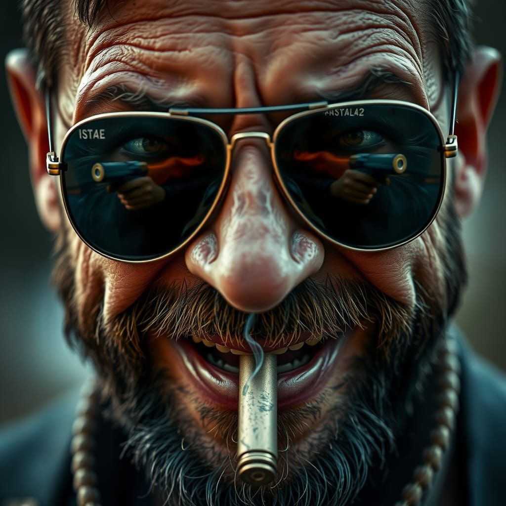 Grizzled Man Catches Bullet in Mouth: 8k Cinematic Shot