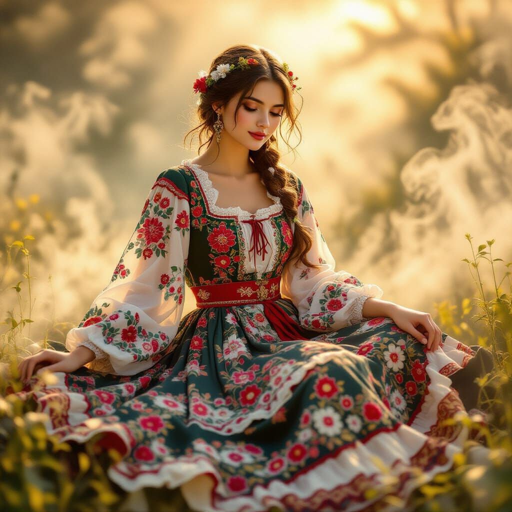 Woman in Embroidered Dress in Dreamlike Setting