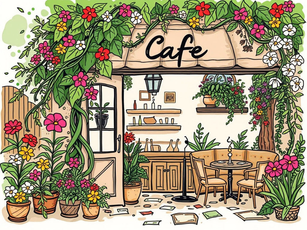 Cozy Garden Café in a Whimsical Doodle Style