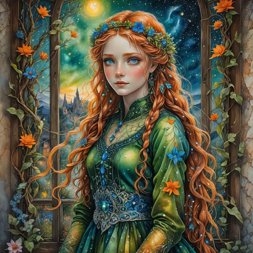 Girl in Green Dress with Braided Hair, Fantasy Art