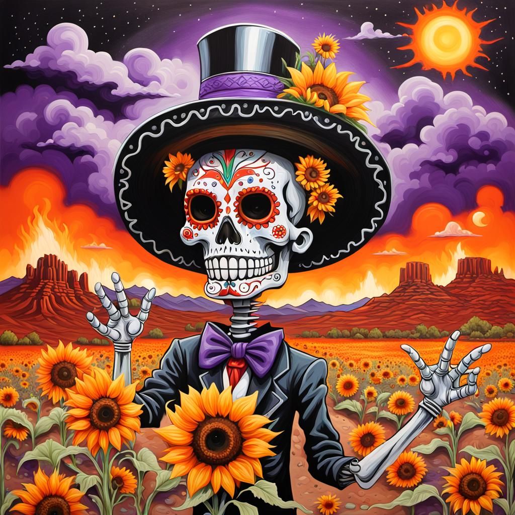 2099 Day of the Dead Zozobra zombie with black chrome chillinpepper sombrero on fire with many small purple exploding co...