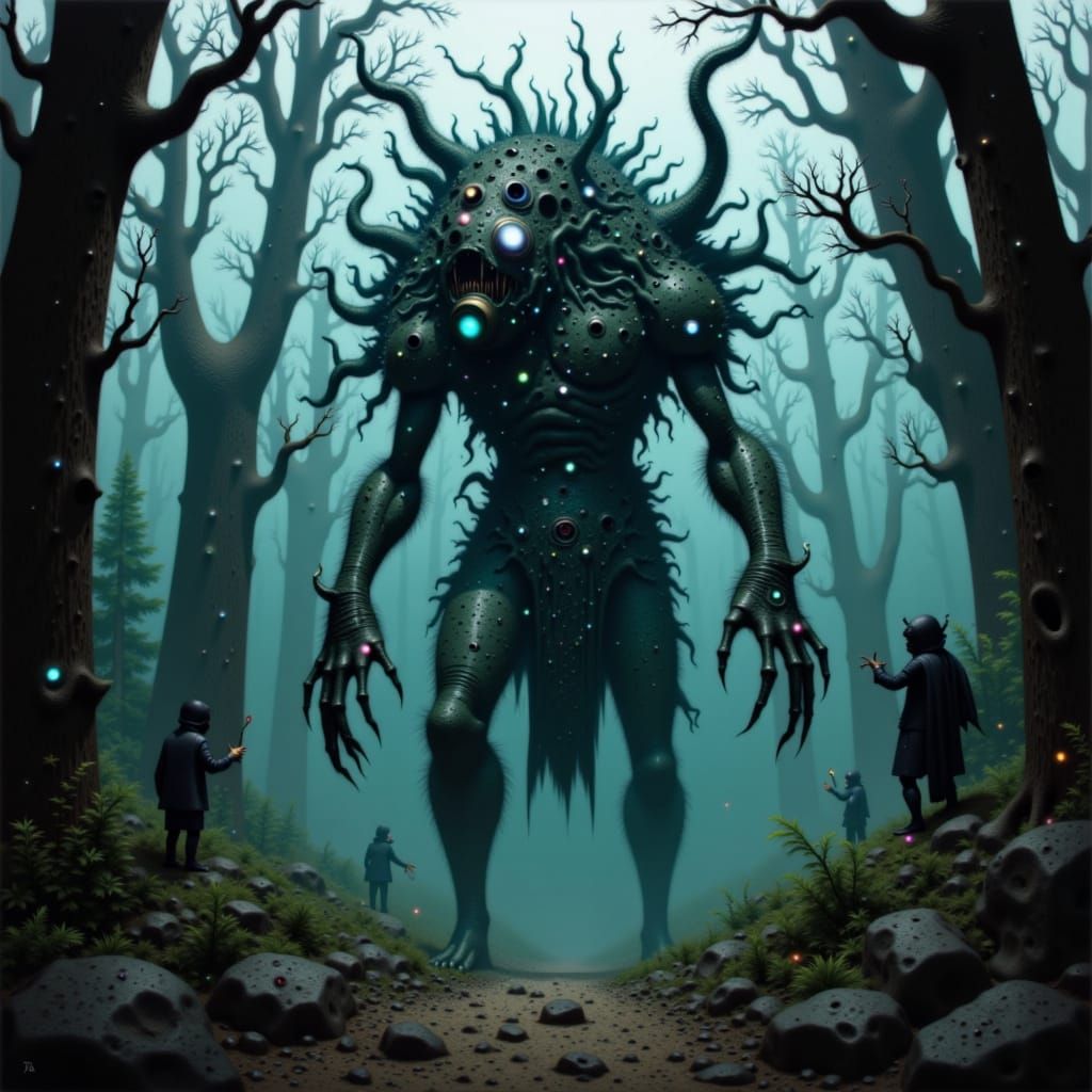 Twisted Scarecrow Entity in a Fog-Shrouded Forest