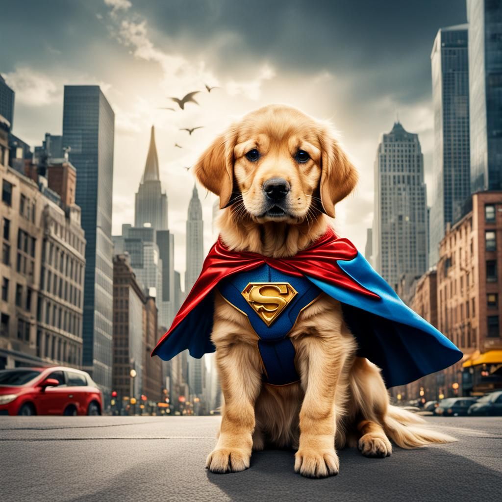 Golden Retriever Superhero Puppy in Cityscape