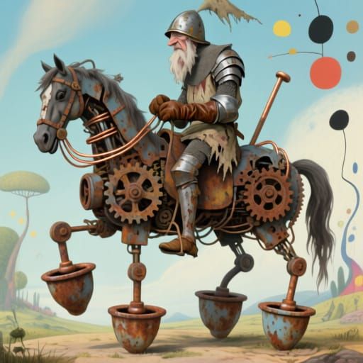 Knight on Mechanical Horse in Whimsical Landscape