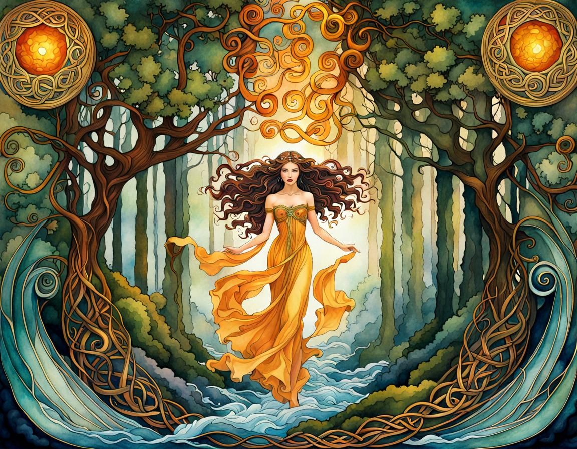 Celtic Fairy in Forest, Nouveau Vague Watercolor
