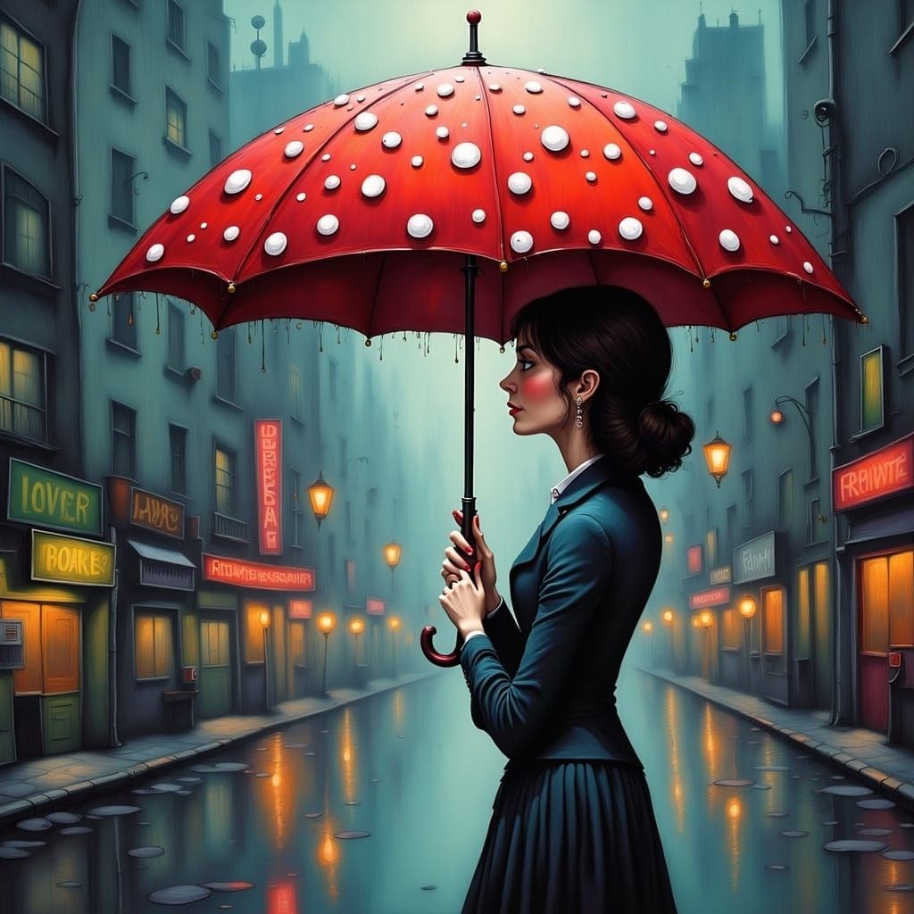 Umbrellas in Rainy Cityscape with a Touch of Whimsy