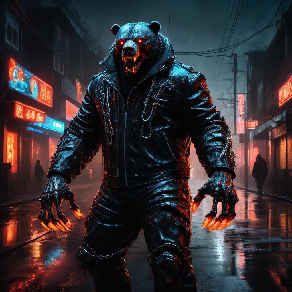 Cyberpunk Ghost Bear with Flaming Chain