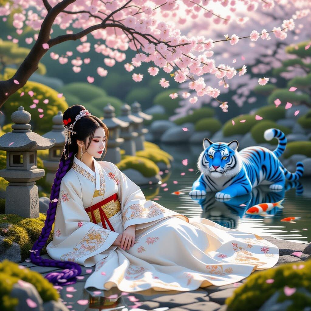 Korean Garden at Dawn with Woman and Blue Tiger
