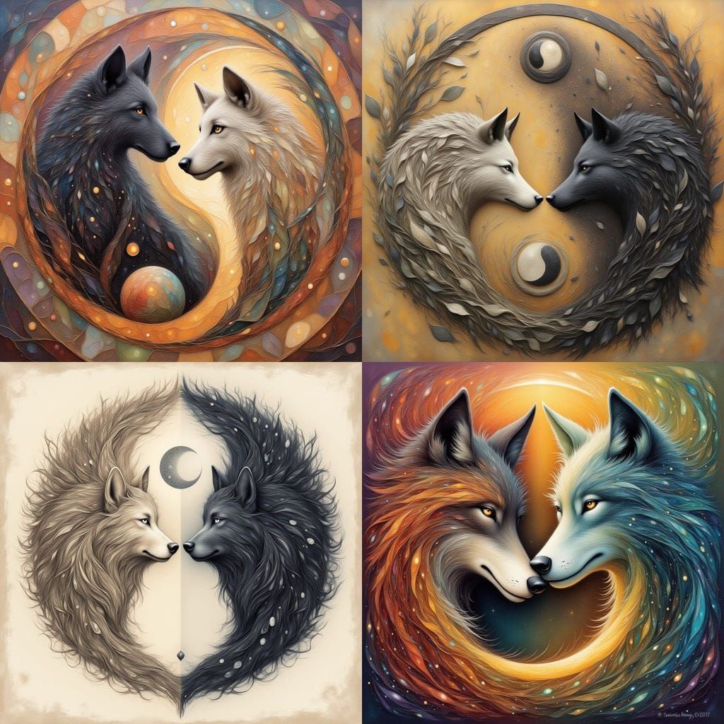 Wolves Forming Yin Yang Symbol with Geometric Patterns