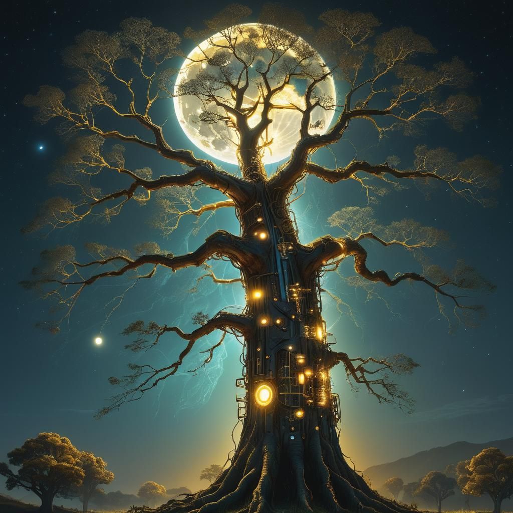 Bioluminescent Cyborg Elm Tree with Circuitry