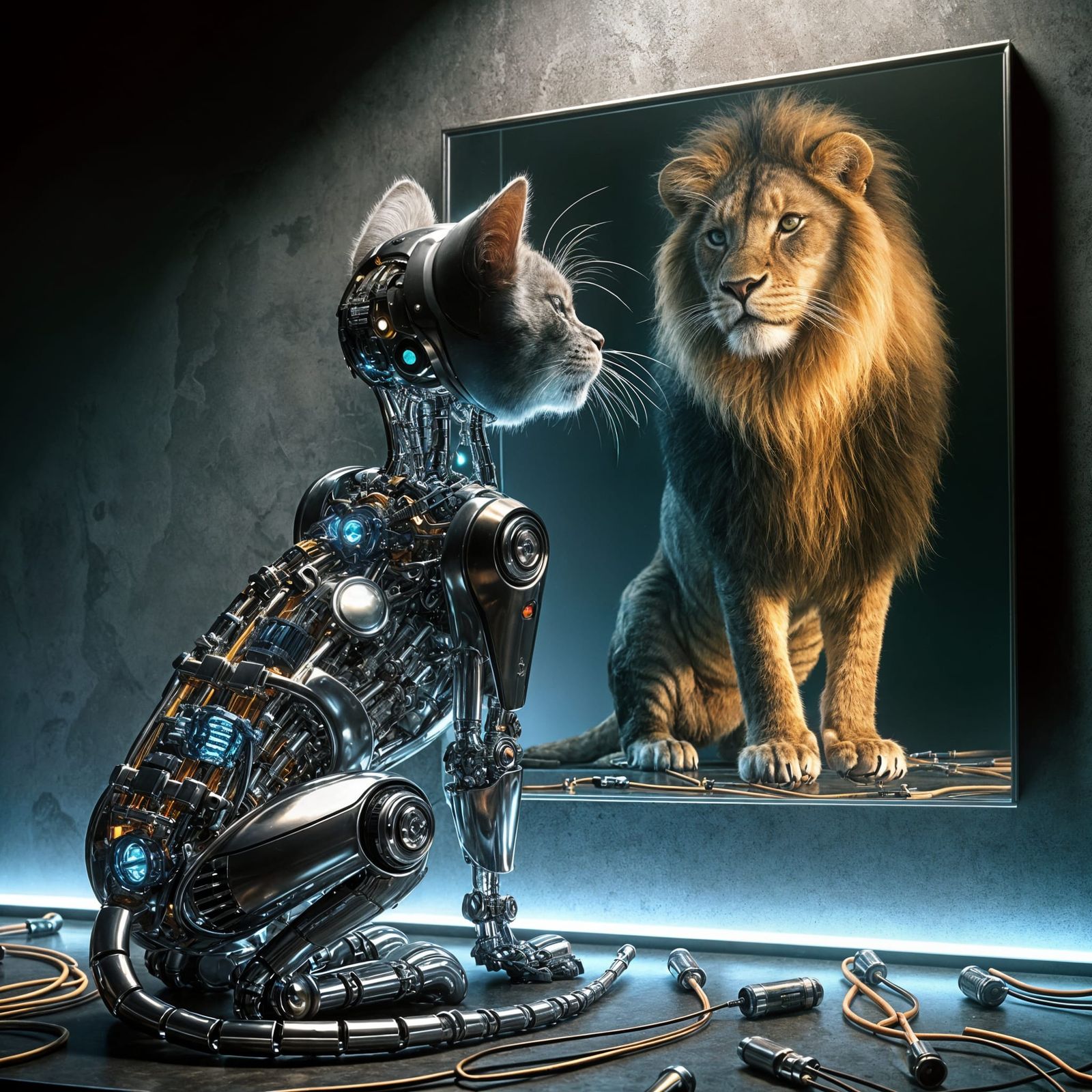 Biomechanical Kitten Sees Lion Reflection