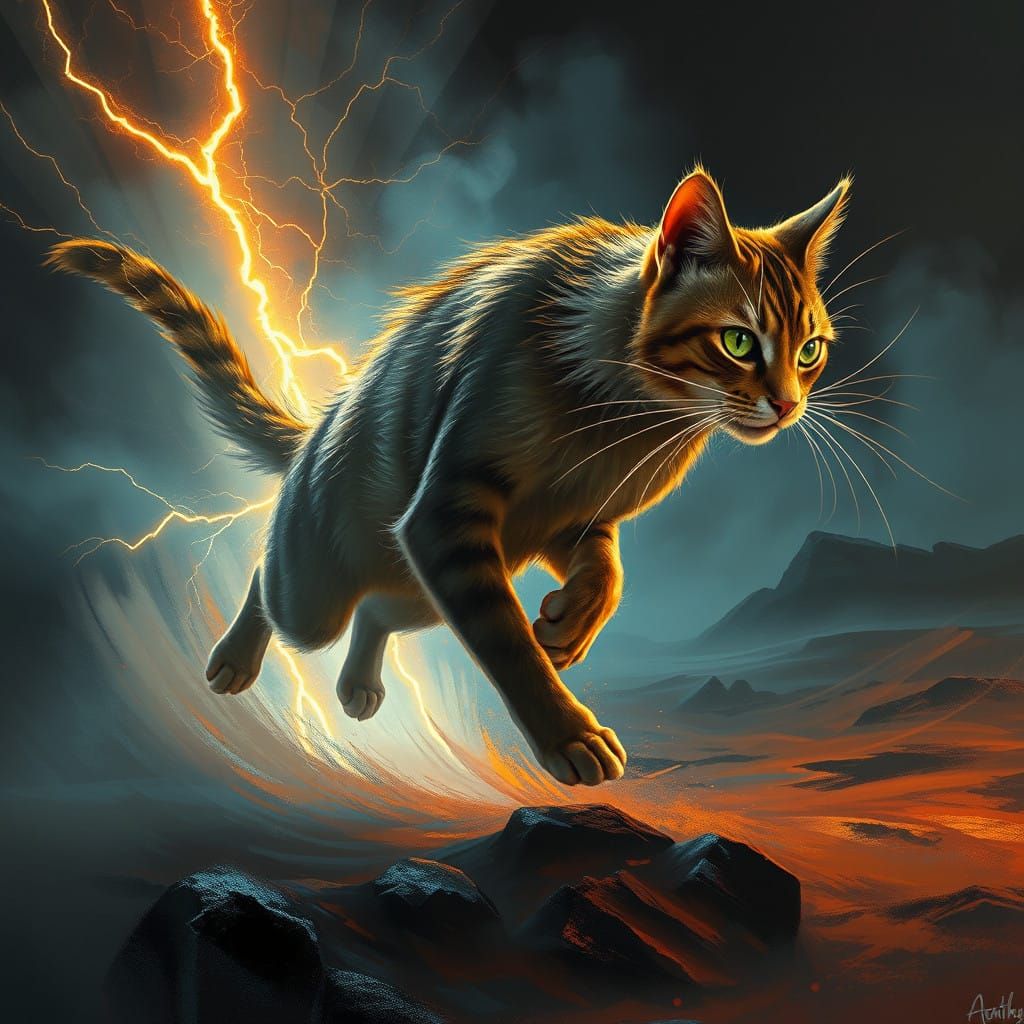 Lightning-Fast Feline Blurs Across Mystical Realm in Golden-...