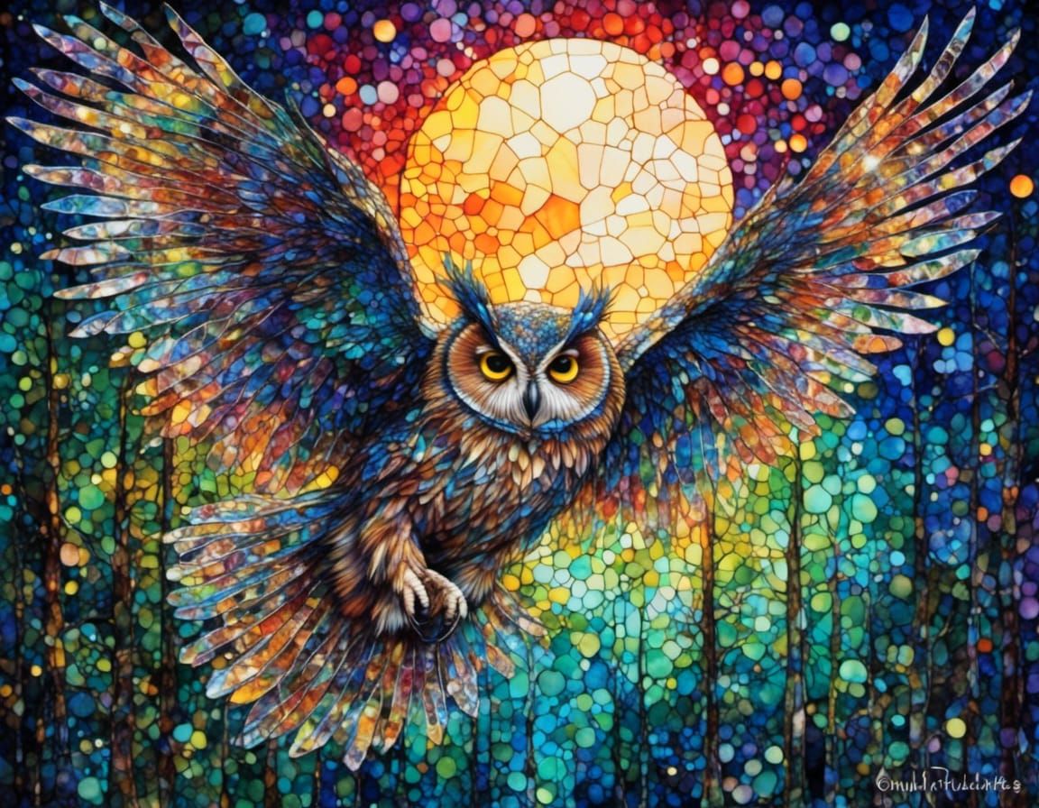 Stained Glass Owl Flight Over Moonlit Forest