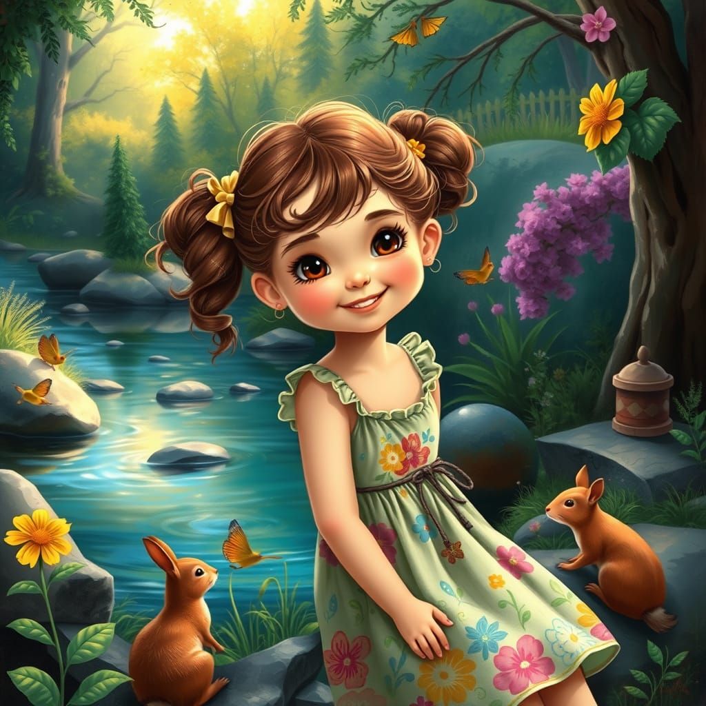 Whimsical Girl by Stream in Vibrant Fantasy Art Style
