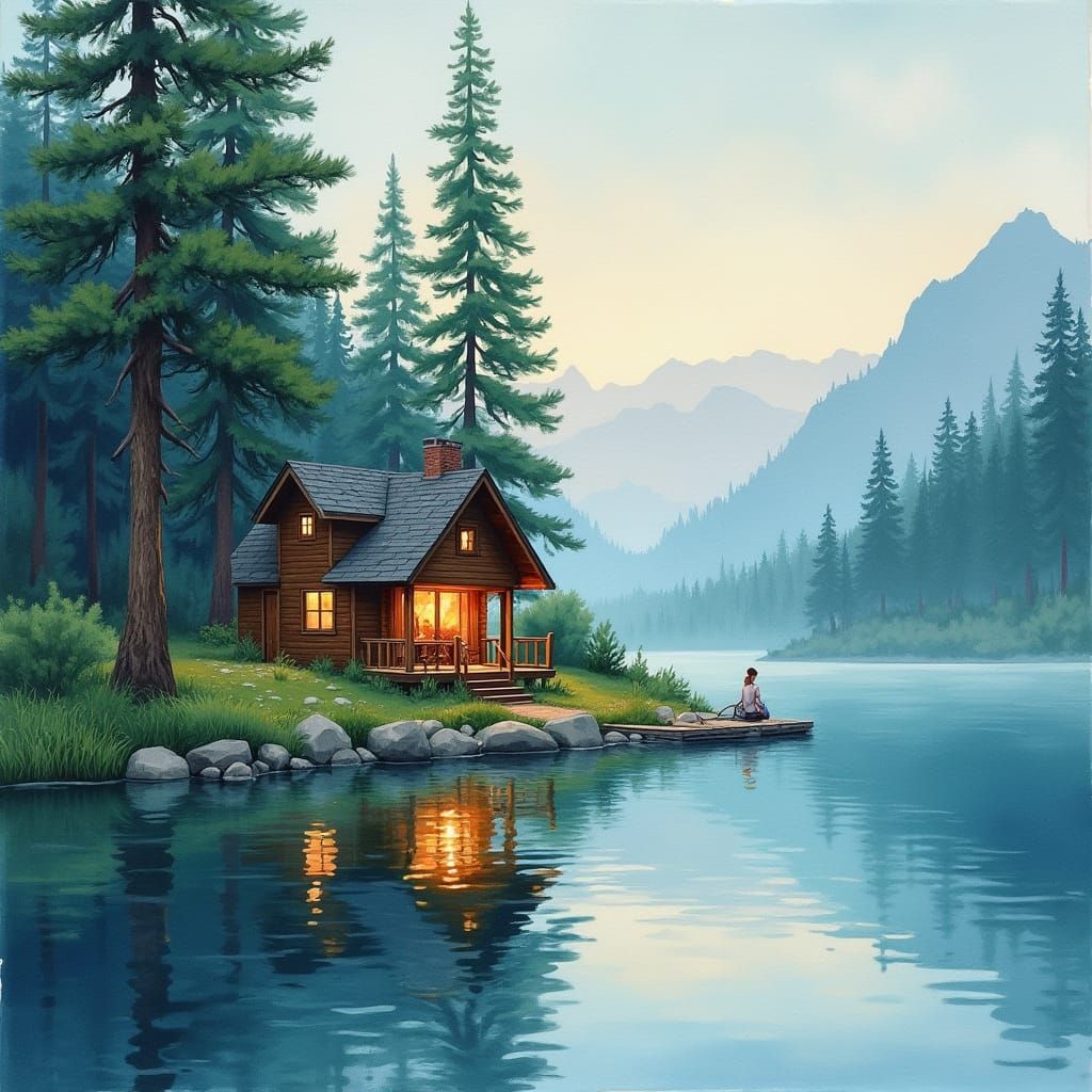 Lakeside Cabin in Watercolor Style with Fireplace