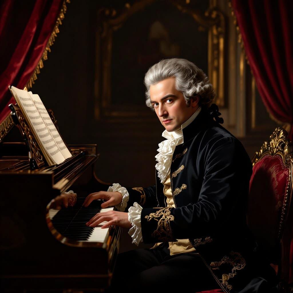 Mozart Plays Piano in Velvet Room, Ingres Style