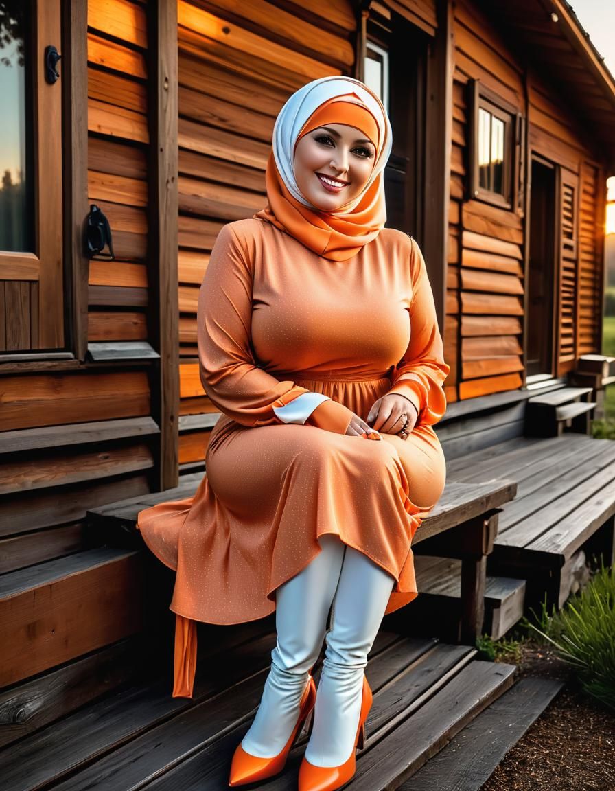 Confident Woman Watches Sunrise in Front of Wooden Cottage