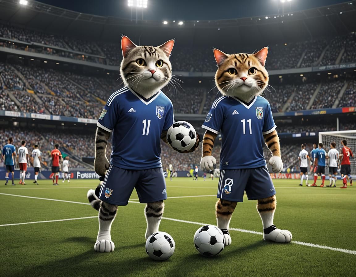 Anthropomorphic Cats Play Soccer at Night