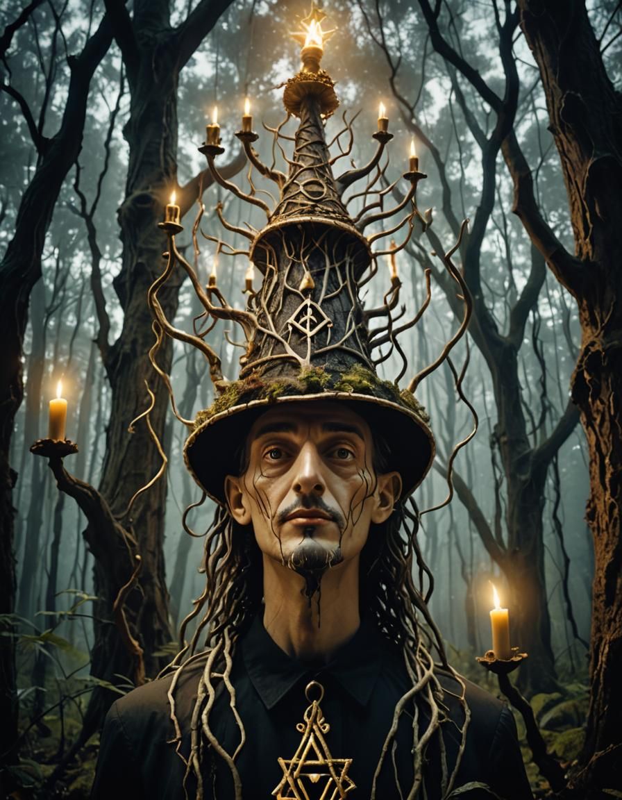 Mystical Creature with Menorah in Surreal Forest