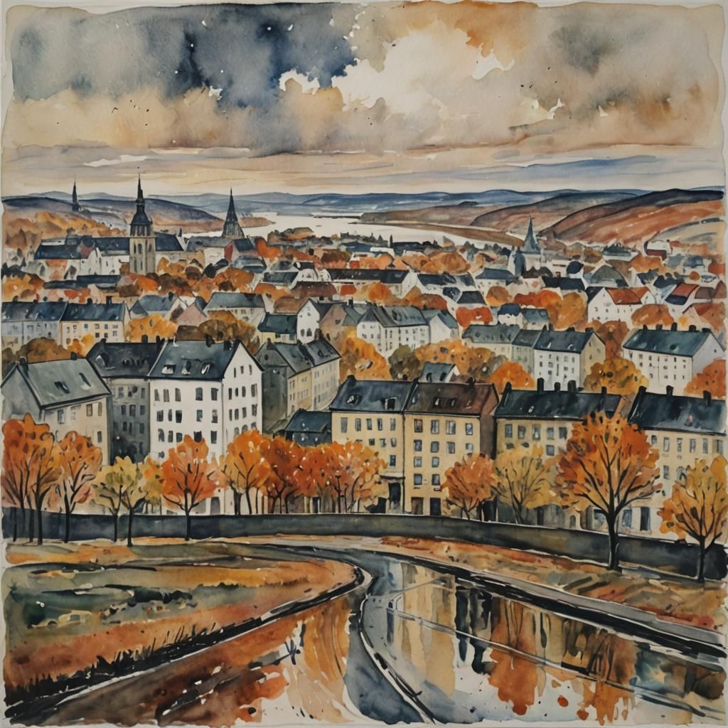 Autumnal Cityscape in Expressionist Watercolor Style