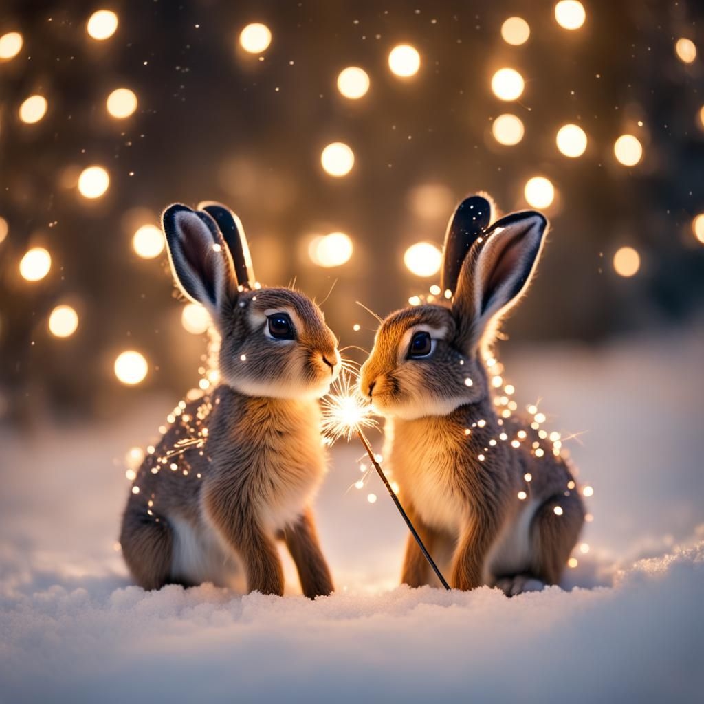 Baby Hares with Sparkler in Snowy Christmas Scene