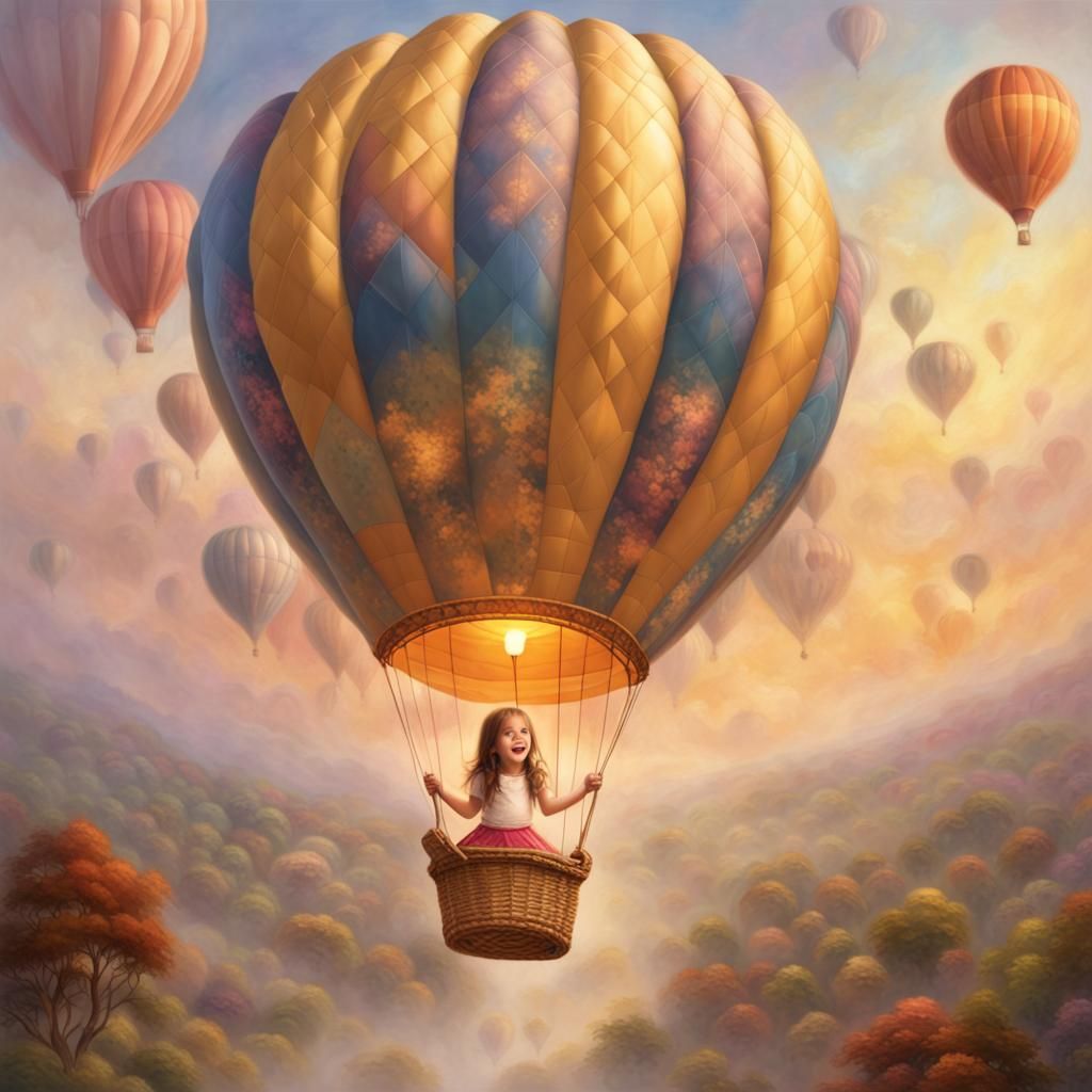 Girl in Hot Air Balloon, Kinkade Style