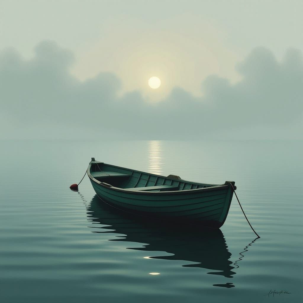 Empty Rowing Boat Adrift in Misty Sea
