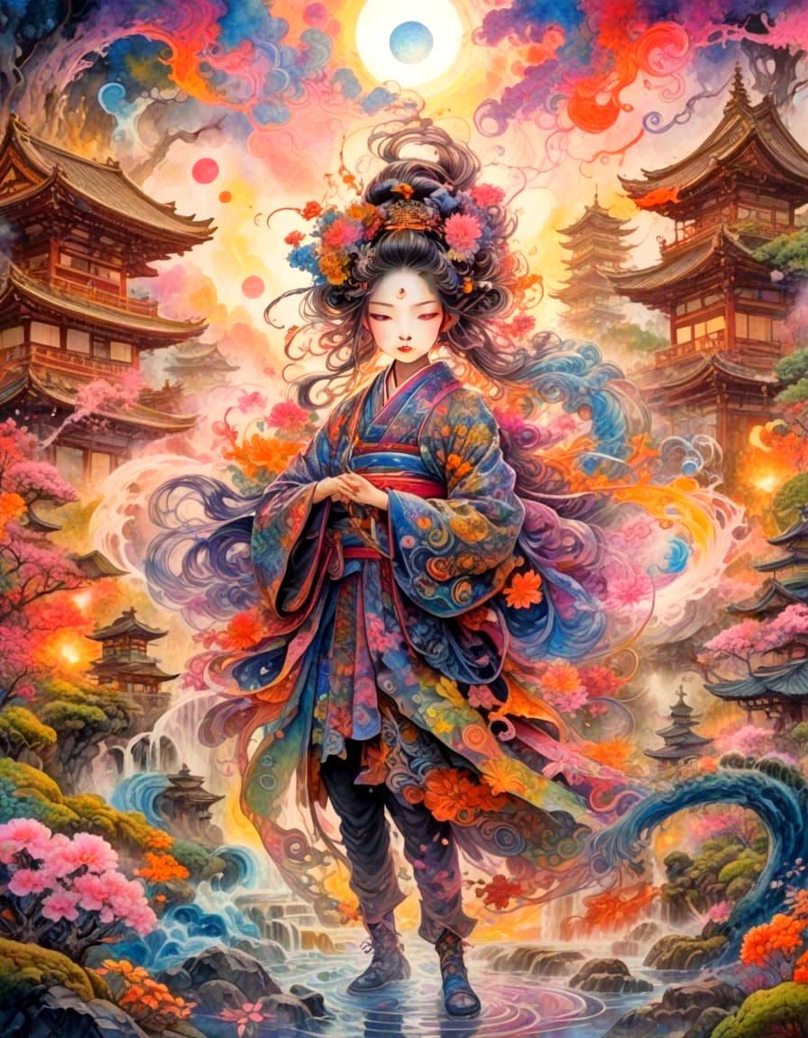 Psychedelic Geisha Samurai in Japanese Garden Painting