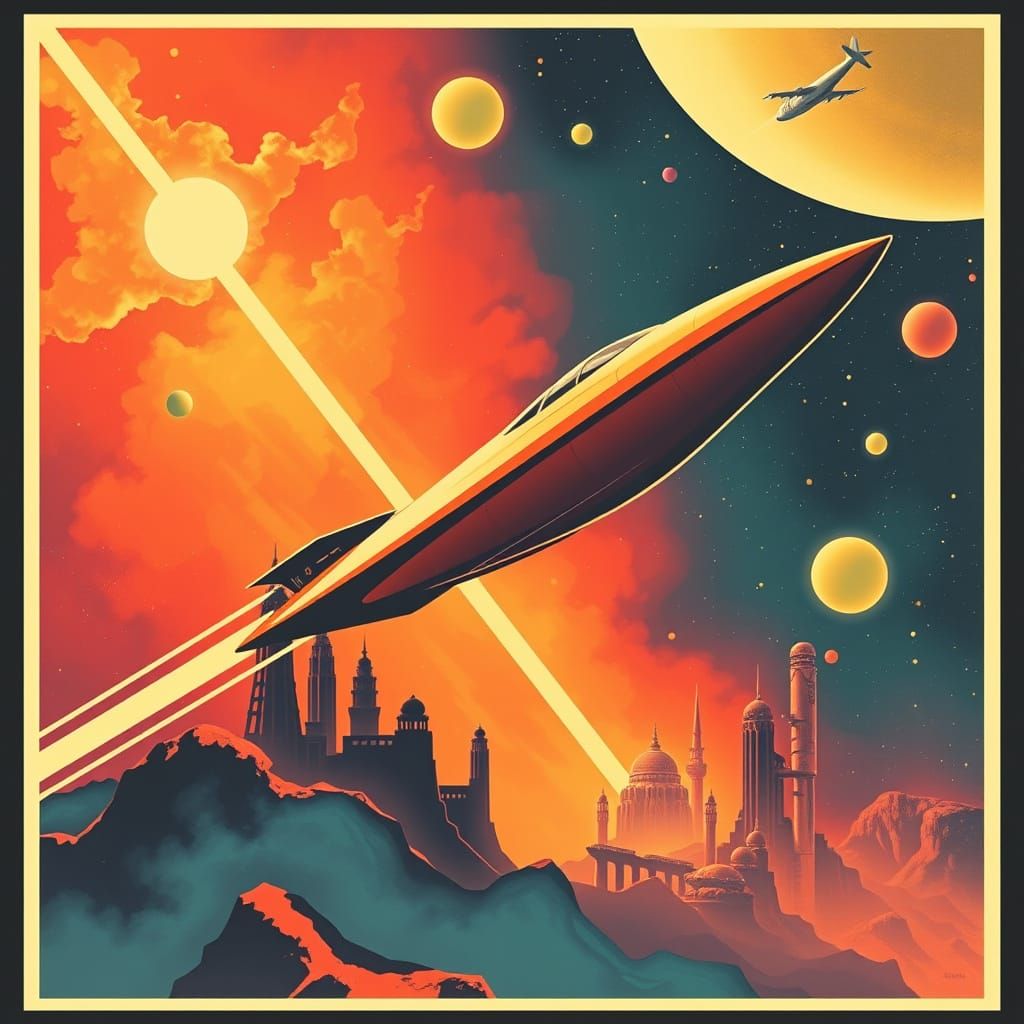 Retro Travel Poster of Spacecraft in Art Deco Style
