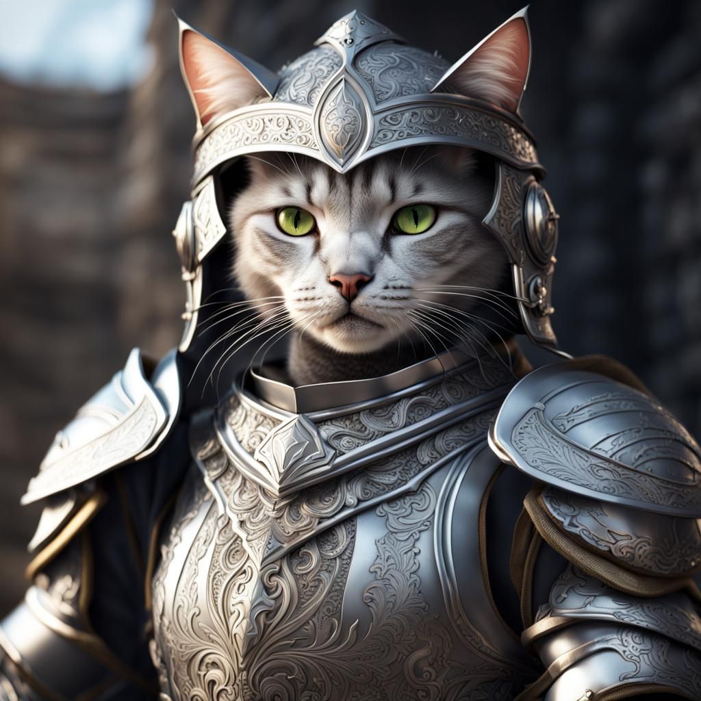 Brave Cat Warrior Portrait in Silver Armor