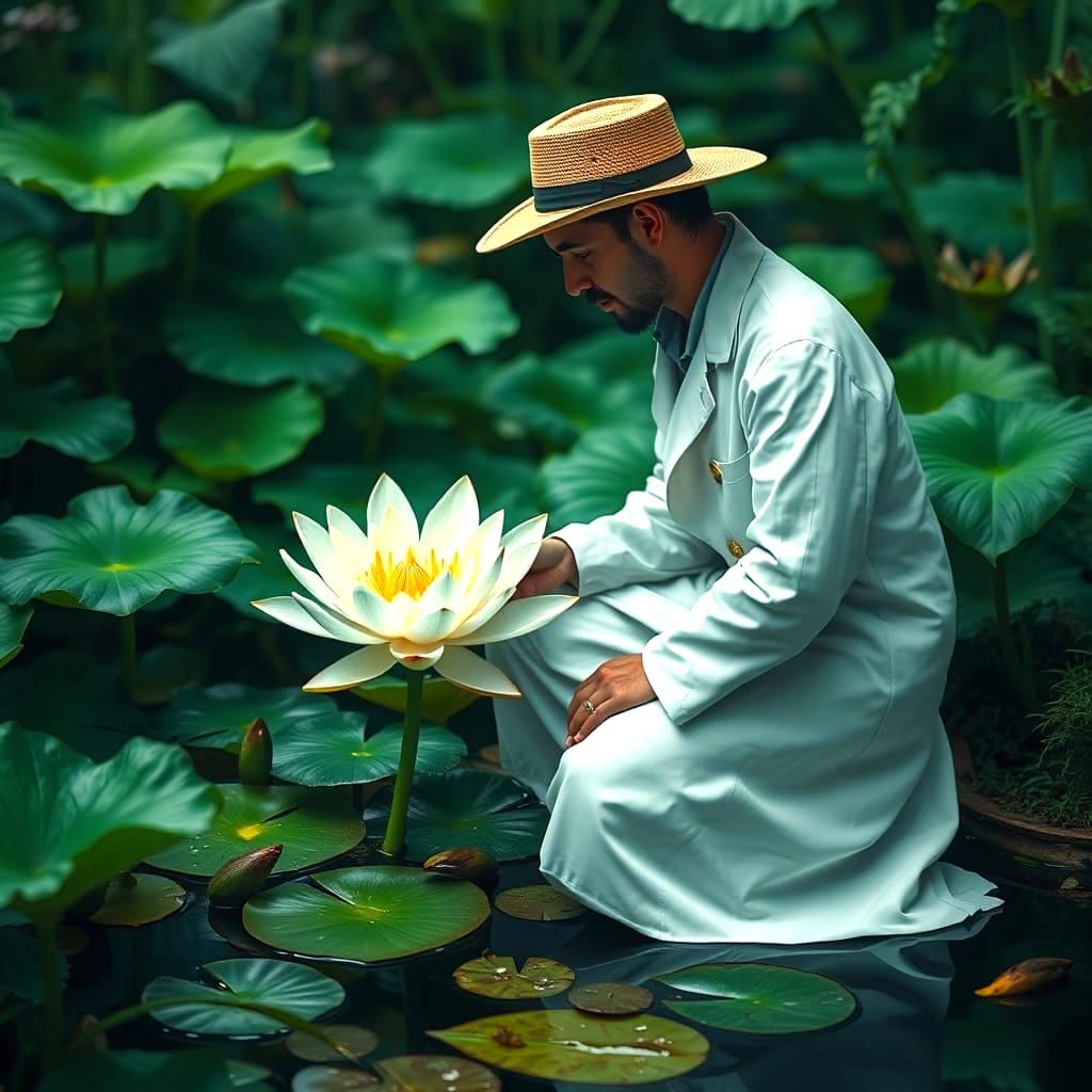 Botanist Studies Water Lilies: Detailed Matte Painting