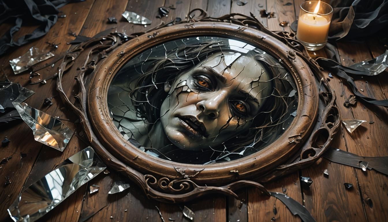 Dark Fantasy Broken Mirror Reflects Twisted Face