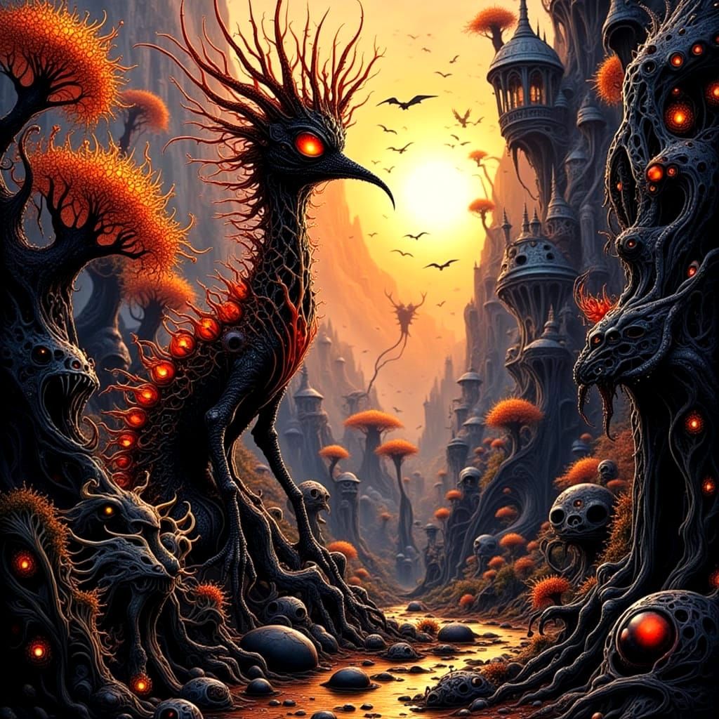 Whimsical Creature in Futuristic Silhouette Cityscape