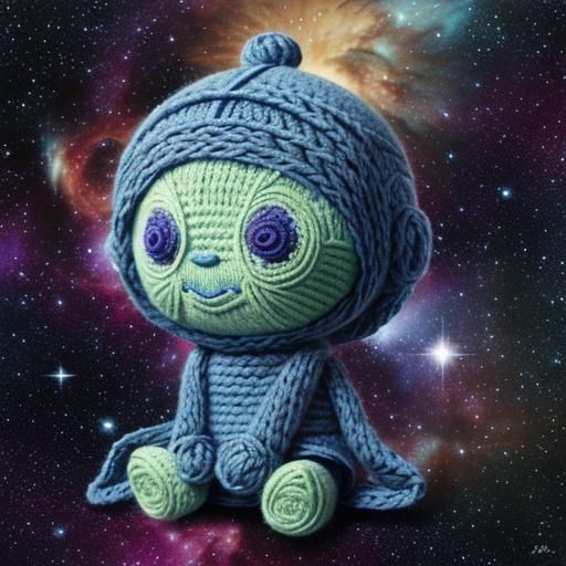 Cute Knitted Alien on Cosmic Paper