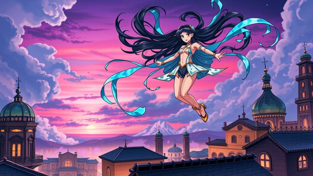 Mystical Heroine Over City in Fantasy Illustration Style